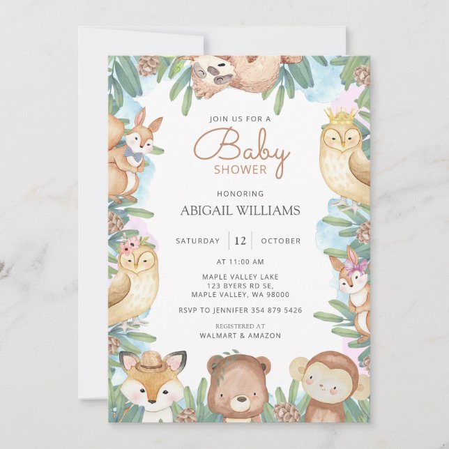 Invitación Woodland Watercolor Animals Baby Shower (Anverso)