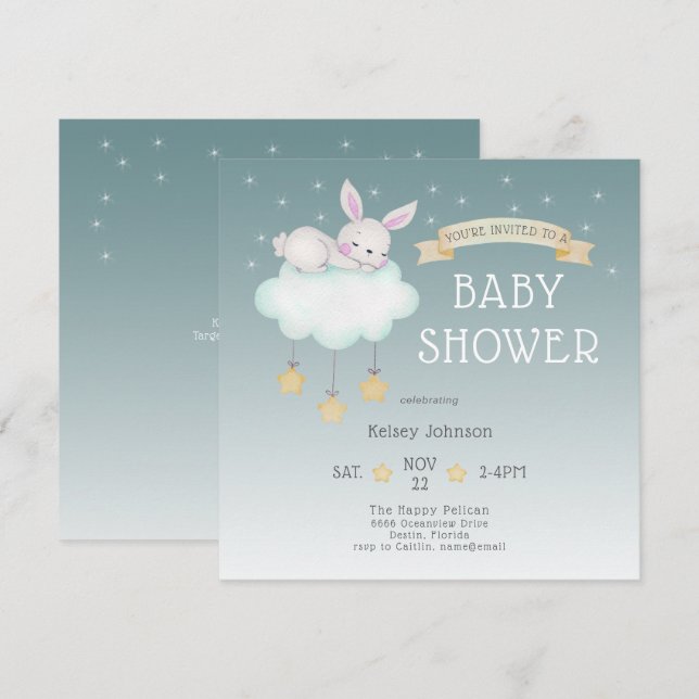 Invitación Woodland Watercolor Bunny Starry Baby Shower (Anverso / Reverso)