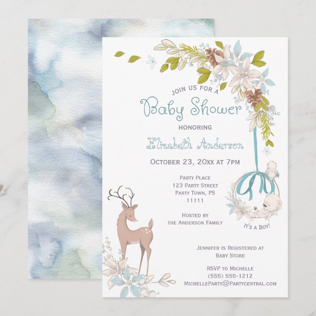 Invitación Woodland Watercolor Floral Baby Shower Boy (Anverso / Reverso)