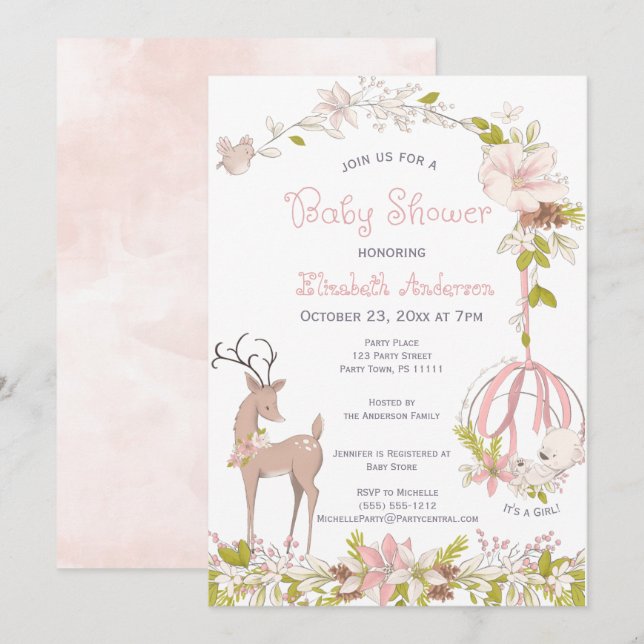 Invitación Woodland Watercolor Floral Beber Shower (Anverso / Reverso)