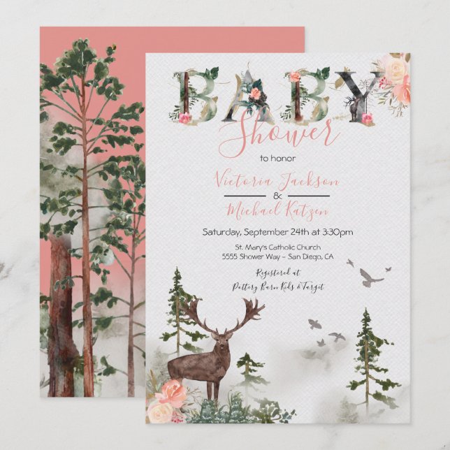 Invitación Woodland Watercolor Forest Baby Shower (Anverso / Reverso)