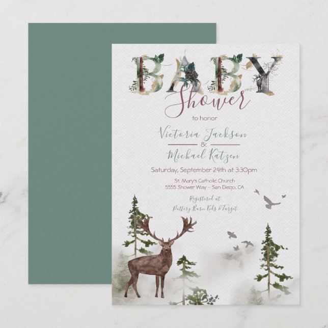 Invitación Woodland Watercolor Forest Baby Shower (Anverso / Reverso)