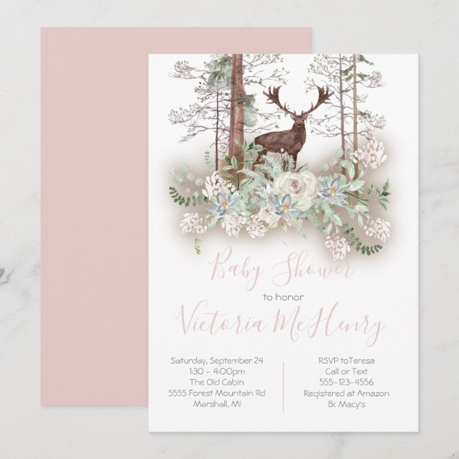 Invitación Woodland Watercolor Forest Deer Baby Shower (Anverso / Reverso)
