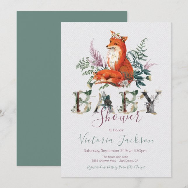 Invitación Woodland Watercolor Forest fox Baby Shower (Anverso / Reverso)
