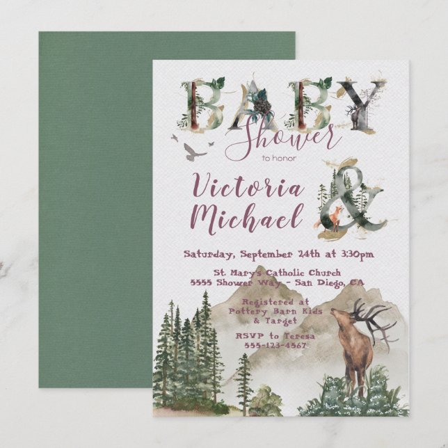 Invitación Woodland Watercolor Forest Mountain Baby Shower (Anverso / Reverso)