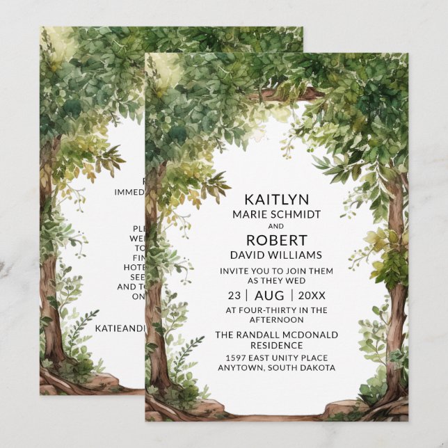 Invitación Woodland Watercolor Garden Arch Backyard Boda (Anverso / Reverso)