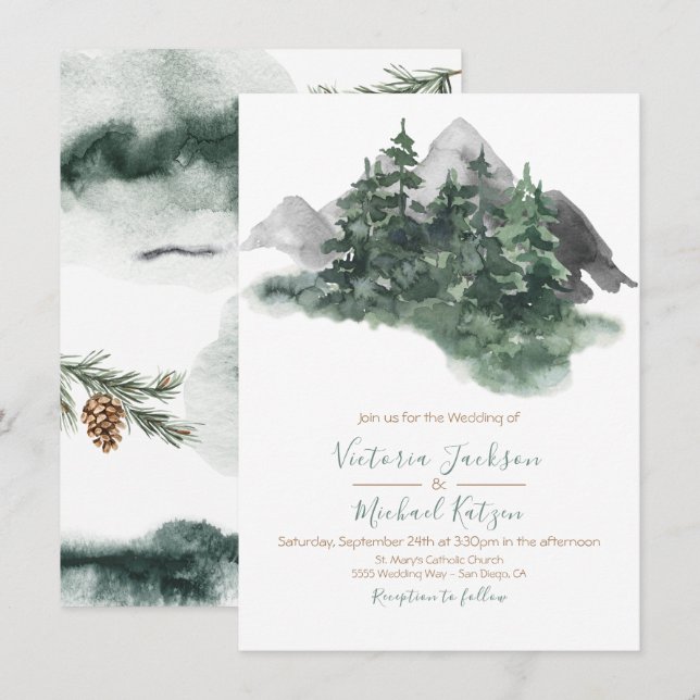 Invitación Woodland Watercolor Mountain Boda (Anverso / Reverso)