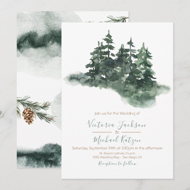 Invitación Woodland Watercolor Pine Forest Boda (Anverso / Reverso)