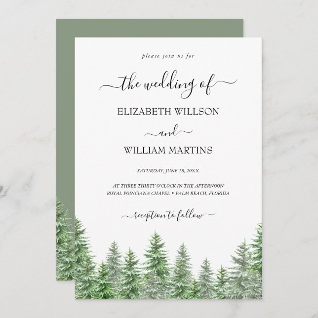 Invitación Woodland Watercolor Pine Forest Script Boda (Anverso / Reverso)