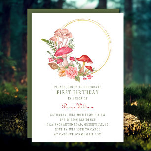 Invitación Woodland Whimsical Mushroom Forest 1er cumpleaños