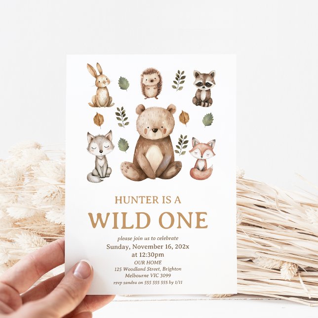 Invitación Woodland Wild One 1er cumpleaños (Bear Woodland Wild One 1st Birthday Party Invitation, Woodland Wild One Birthday Invitation, Modern)