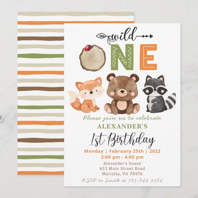 Invitación Woodland Wild One Bear Fox Raccoon Cumpleaños (Anverso / Reverso)