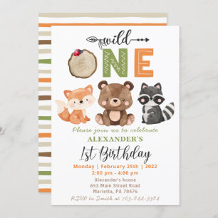 Invitación Woodland Wild One Bear Fox Raccoon Cumpleaños