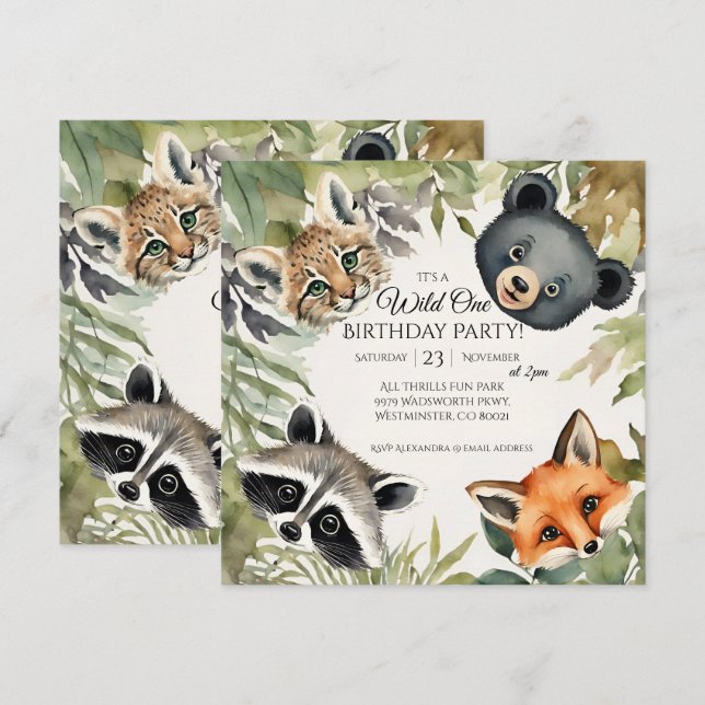 Invitación Woodland Wild One First Birthday Fiesta (Anverso / Reverso)