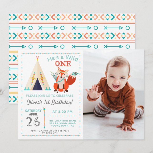 Invitación Woodland Wild One Fox Boho Boy Foto de cumpleaños  (Anverso / Reverso)
