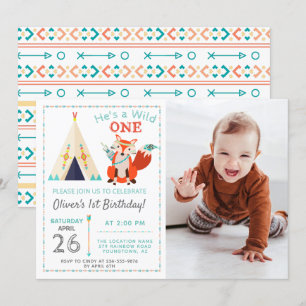 Invitación Woodland Wild One Fox Boho Boy Foto de cumpleaños