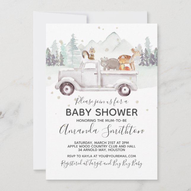 Invitación Woodland Winter Fox Baby Shower (Anverso)