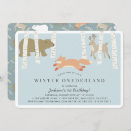 Invitación Woodland Winter Onederland Blue 1er cumpleaños