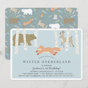 Invitación Woodland Winter Onederland Blue 1er cumpleaños