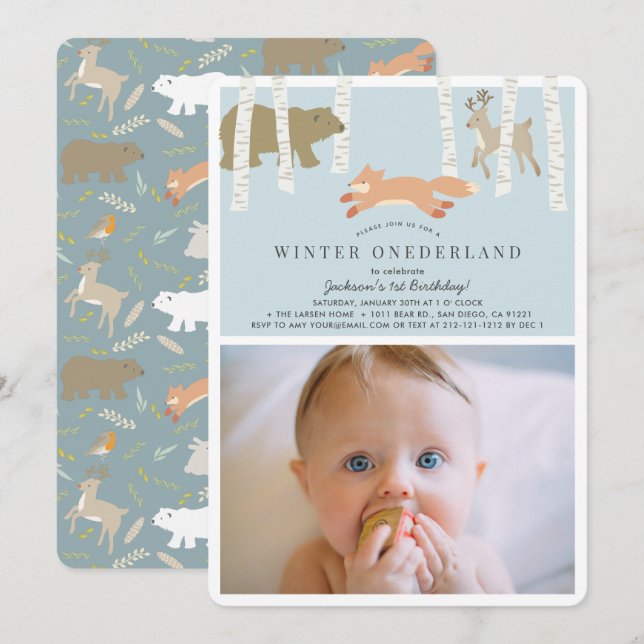 Invitación Woodland Winter Onederland Blue Photo 1er cumpleañ (Anverso / Reverso)