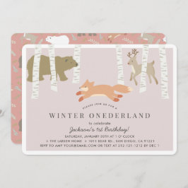 Invitación Woodland Winter Onederland Pink 1er cumpleaños
