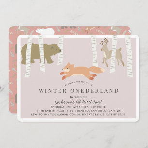Invitación Woodland Winter Onederland Pink 1er cumpleaños