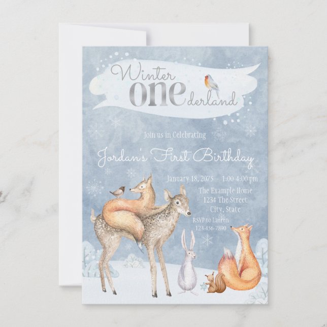 Invitación Woodland Winter ONEderland Primer cumpleaños (Anverso)