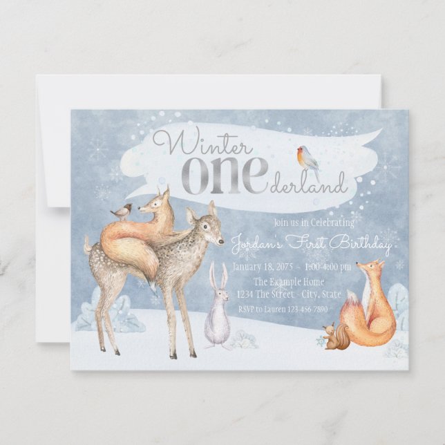 Invitación Woodland Winter ONEderland Primer cumpleaños (Anverso)
