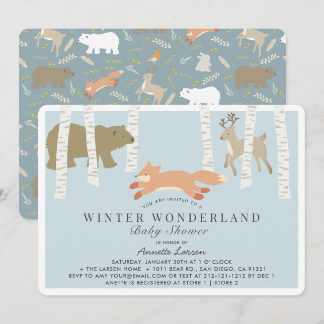 Invitación Woodland Winter Wonderland Blue Baby Shower (Anverso / Reverso)
