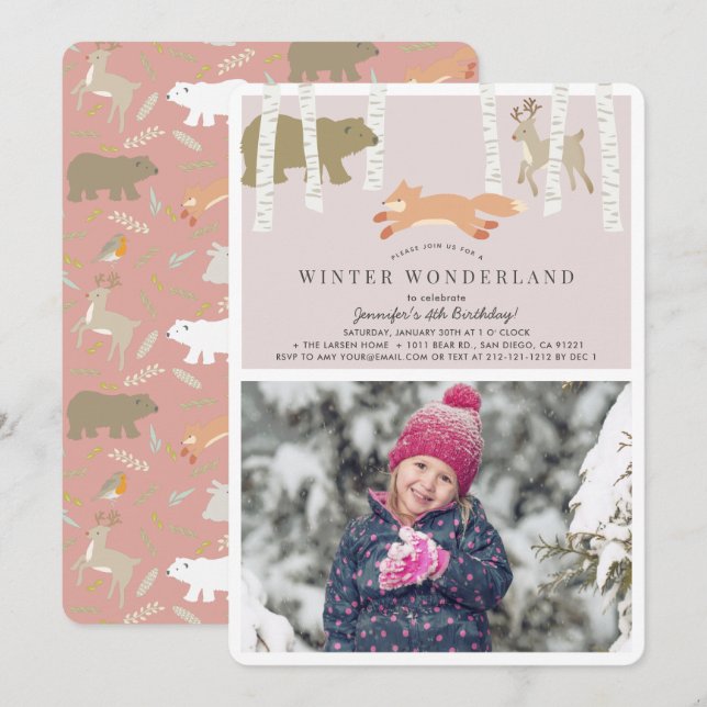 Invitación Woodland Winter Wonderland Fotos Rosadas Cumpleaño (Anverso / Reverso)
