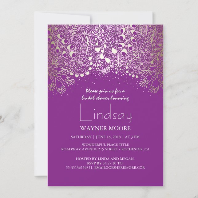 Invitación Woodland - Wonderland Purple Gold Bridal Shower (Anverso)
