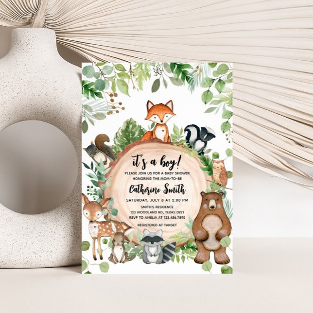 Invitación Woodland Wood Slice Baby Shower (Woodland Animals Baby Shower Invitation)