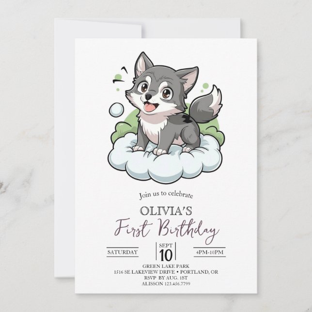 Invitación Woodland Woods Lobo Digital Primer Cumpleaños (Anverso)