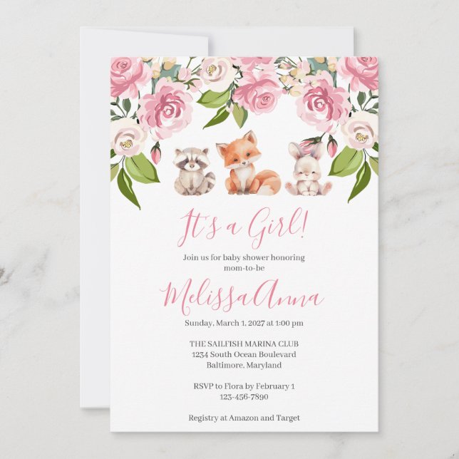 Invitación Woodlands Baby Girl Shower (Anverso)