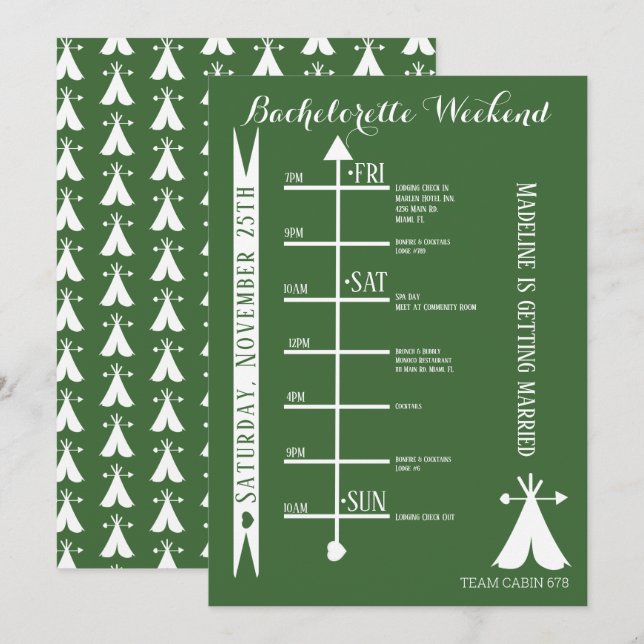 Invitación Woods Camp Bachelorette Weekend Getaway Itinerary (Anverso / Reverso)