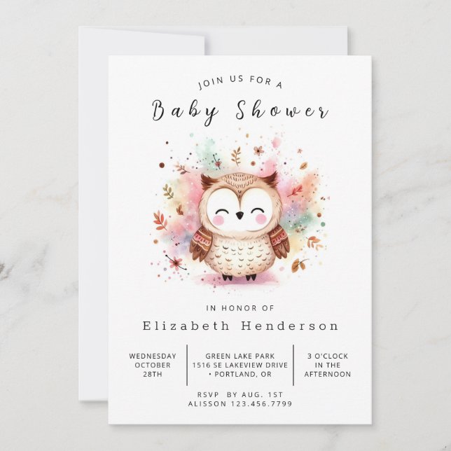 Invitación Woods Digital Owl Baby Shower (Anverso)