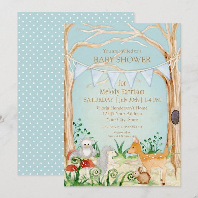 Invitación Woodsy Boho Animal Deer Fox Rabbit Owl Baby Shower (Anverso / Reverso)