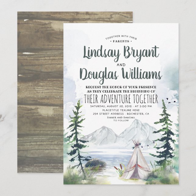 Invitación Woodsy Nature Mountains Adventure Boda (Anverso / Reverso)