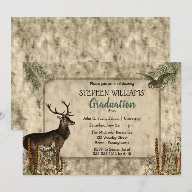 Invitación Woodsy Rustic Deer | Partido de Graduación de Lech (Anverso / Reverso)