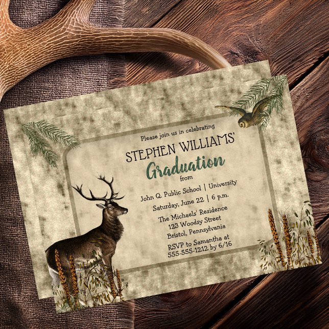 Invitación Woodsy Rustic Deer | Partido de Graduación de Lech (Woodsy Rustic Deer and Owl Graduation Party Invitation -- Print | Digital Download)