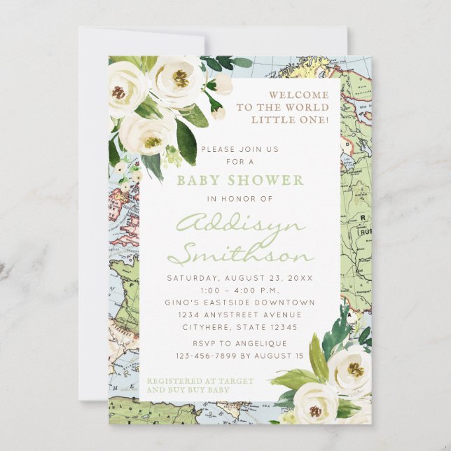 Invitación World Map Floral Border Gender Neutral Baby Shower (Anverso)