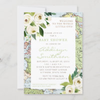 World Map Floral Border Gender Neutral Baby Shower