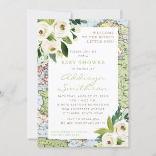 Invitación World Map Floral Border Gender Neutral Baby Shower