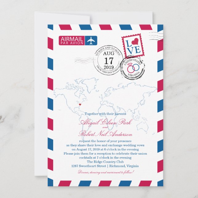 Invitación World Map Virginia USA Airmail | Boda (Anverso)
