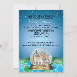 Invitación World Travel Bar Bat Mitzvah Snow Globe