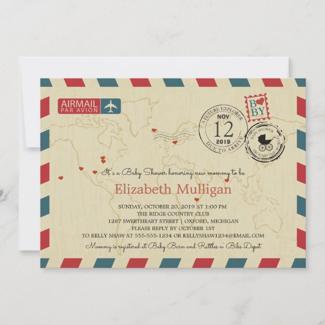 Invitación World Traveller Airmail | Baby Shower (Anverso)