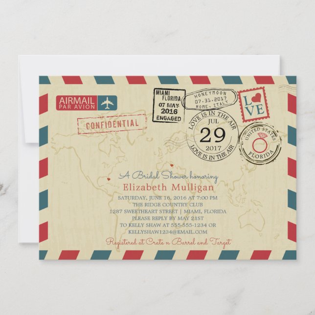 Invitación World Traveller Airmail | Bridal Shower (Anverso)
