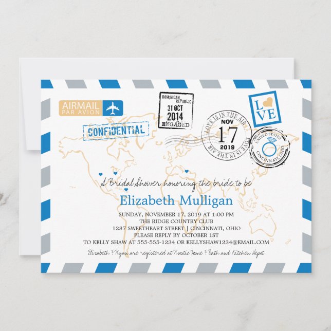 Invitación World Traveller Airmail | Bridal Shower (Anverso)