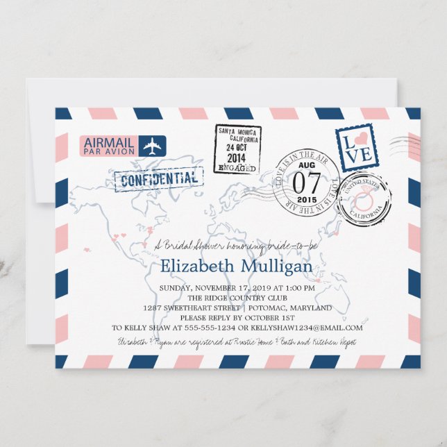Invitación World Traveller Airmail | Bridal Shower (Anverso)