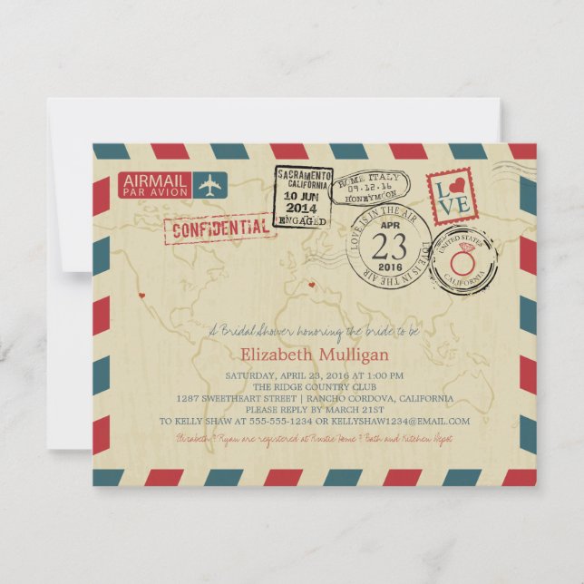 Invitación World Traveller Airmail | California Bridal Shower (Anverso)